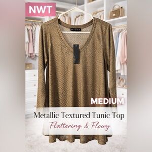 NWT Nally & Millie Metallic Textured Tunic Top Flowy Boho Chic Gold Medium